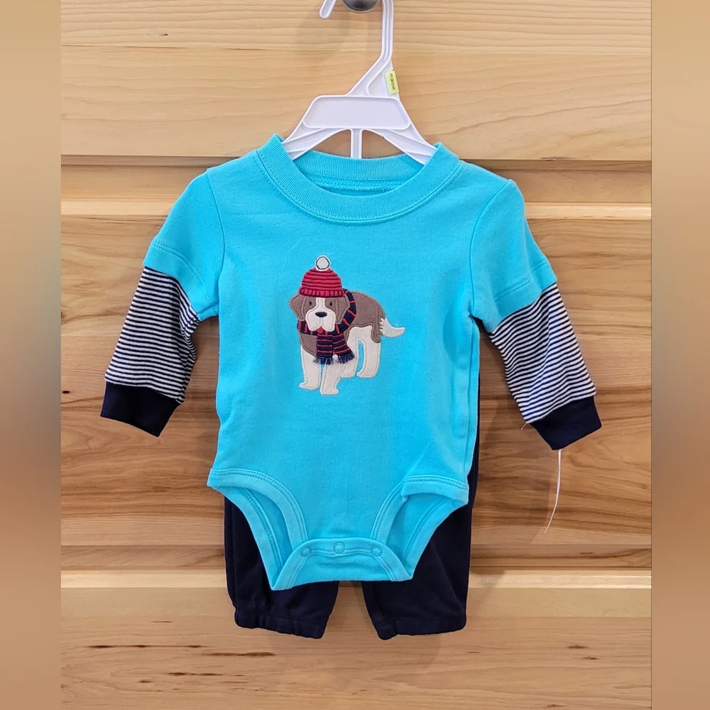 NWT Carter's Boy's 2 Pc Set 3 Months Winter Dog‎ Baby Blue Sweatpants Baby Gift